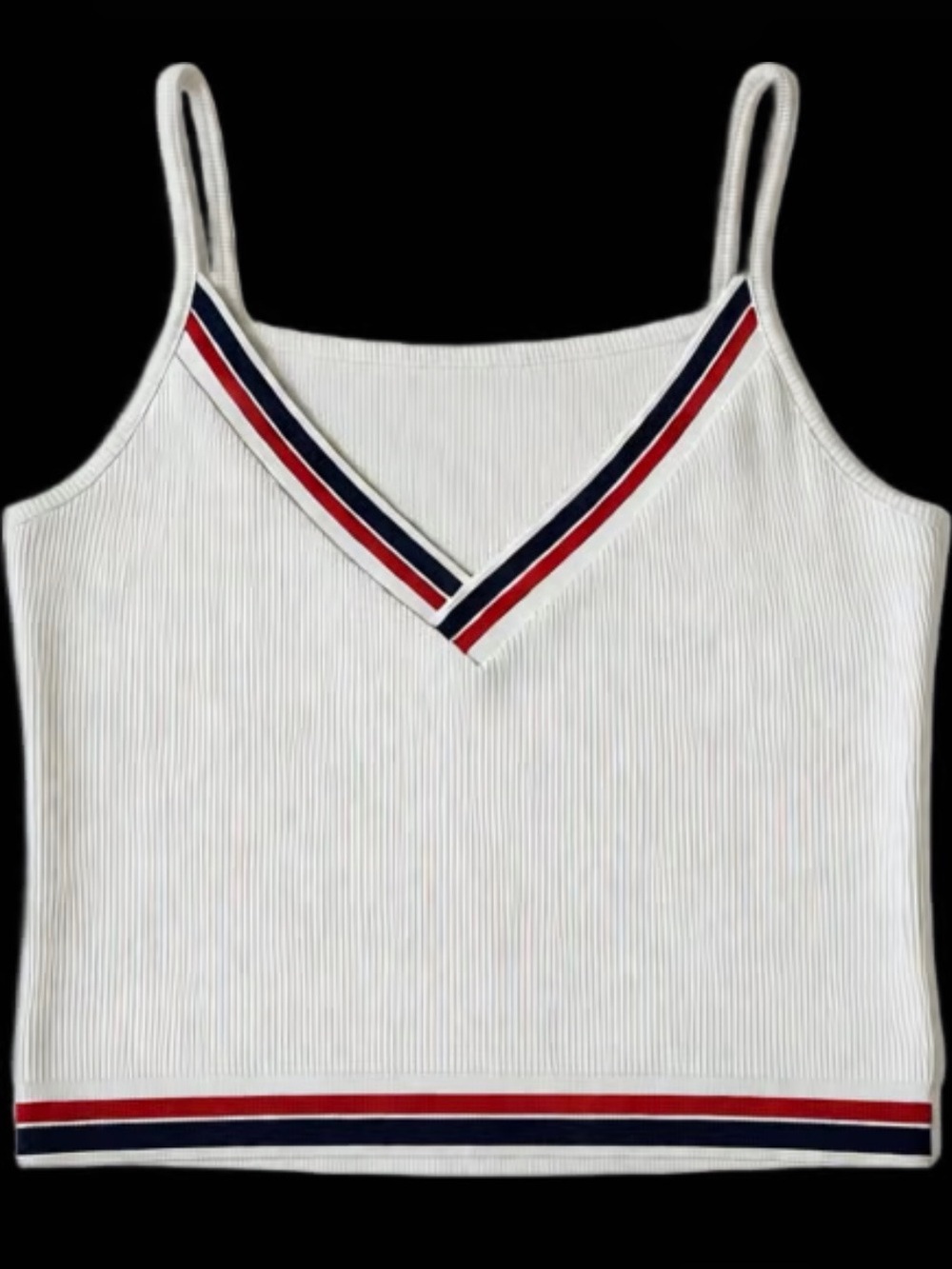 SHEIN White Ribbed V-Neck Cami with Navy & Red Stripe Trim